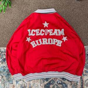 ICECREAM Red Satin College Varsity Bomber Jacket